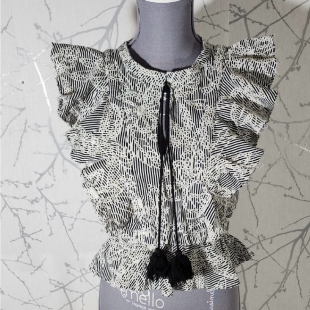 Mcguire Striped Ruffled Floral Embroidered
Eyelet Tassel Peplum Blouse - Picture 2 of 15